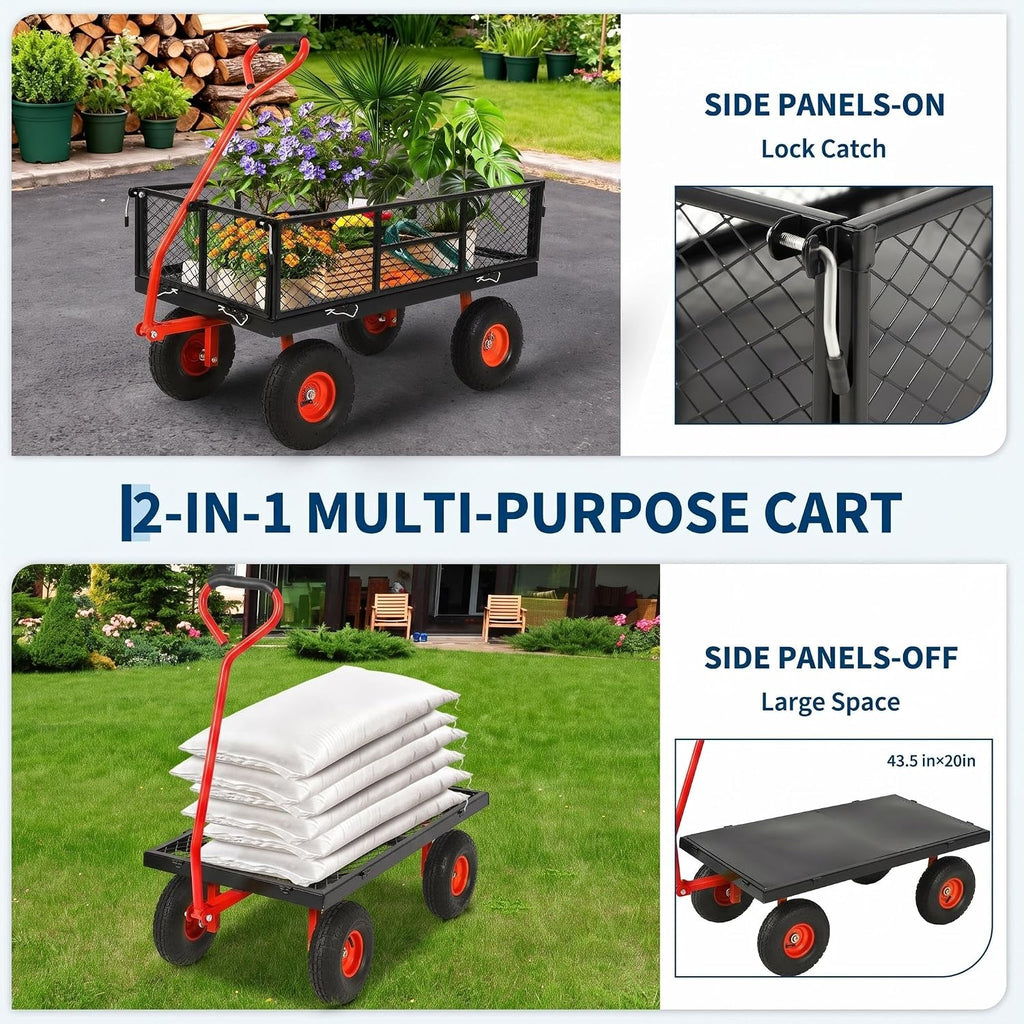900 LB Garden Cart, Heavy Duty Metal Utility Garden Wagon Cart. Red | 13 in All Terrain Tires, 4-in-1 Yard Wagon Cart