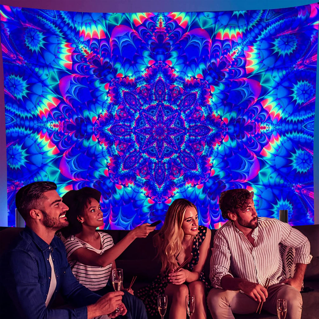 Blacklight Mandala Tapestry 90"x70" Large, Glow In The Dark UV Reactive Psychedelic Bohemian Wall Hanging, Colorful