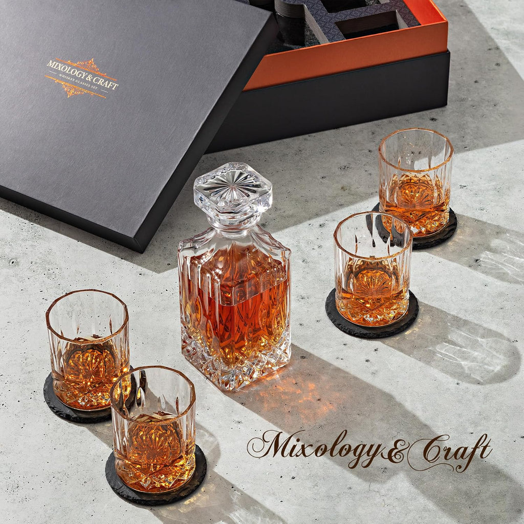 Ry Whiskey Decanter Gift Set - 25oz Crystal Decanter, 4 Old-Fashioned Glasses, 4 Slate Coasters with Diamond Pattern - Set of 9