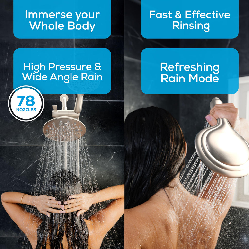 Dual Shower Head, 8'' High Pressure Rainfall & Handheld, Nickel