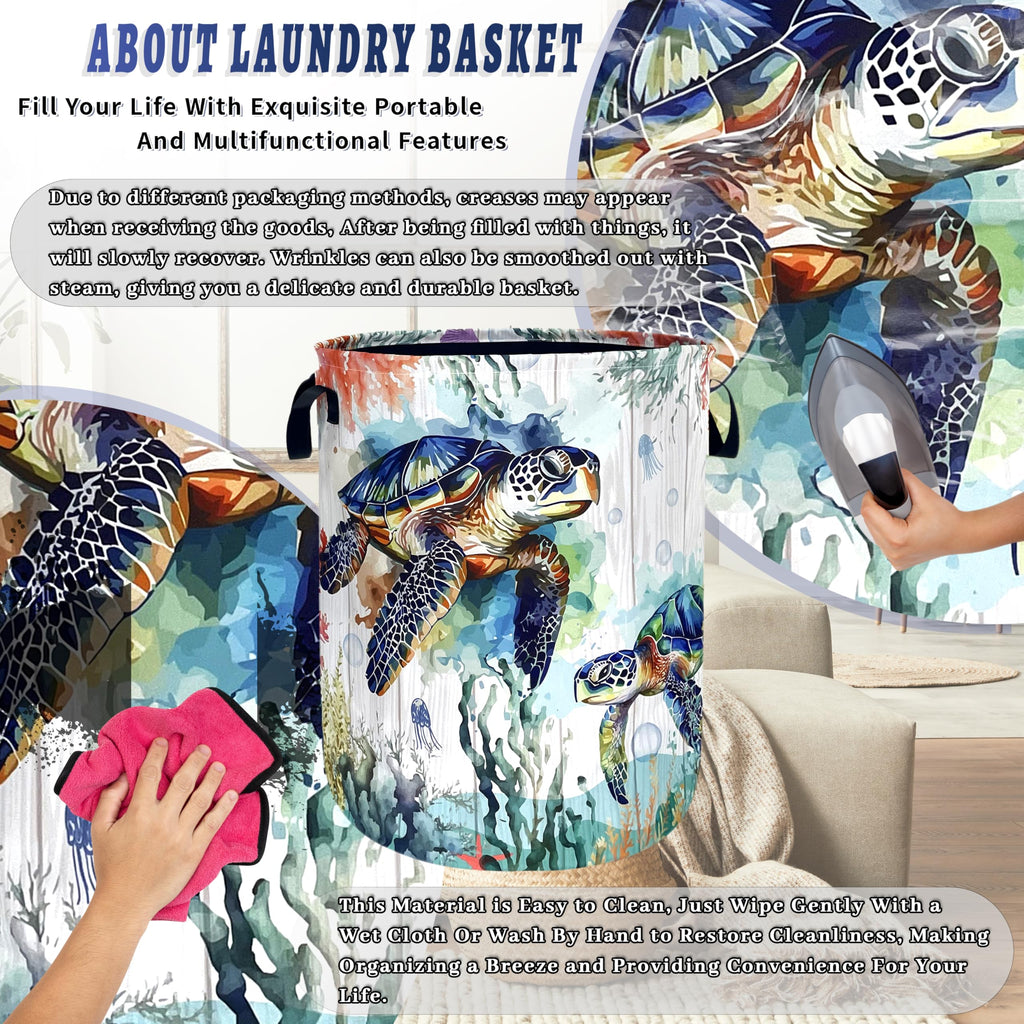 Ocean Sea Turtle Laundry Basket Oxford Cloth Foldable Hamper 18.9x16.5 Inch