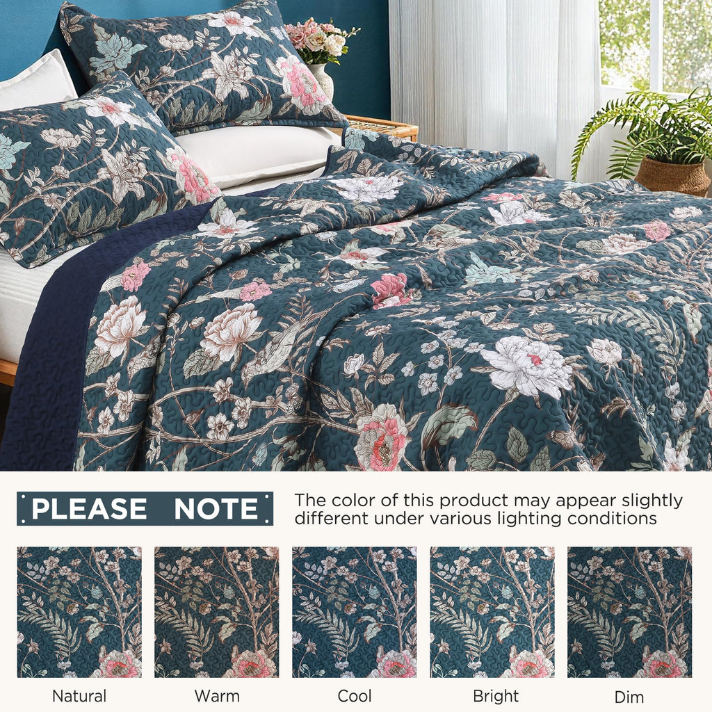 Floral Teal Quilt Oversized King - 3Pcs Botanical Birds Bed Set