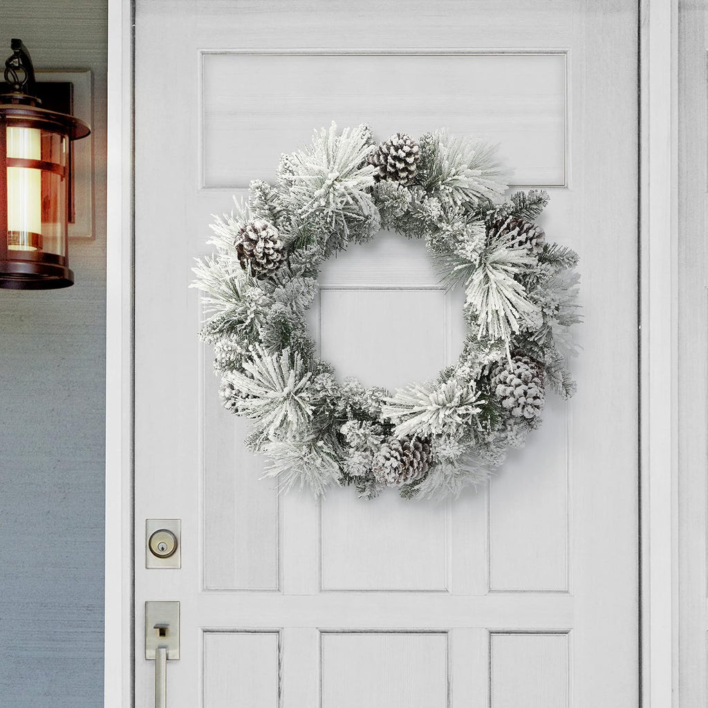 24 in Flocked Berkshire Spruce Wreath, 56 Tips, Pine Cones