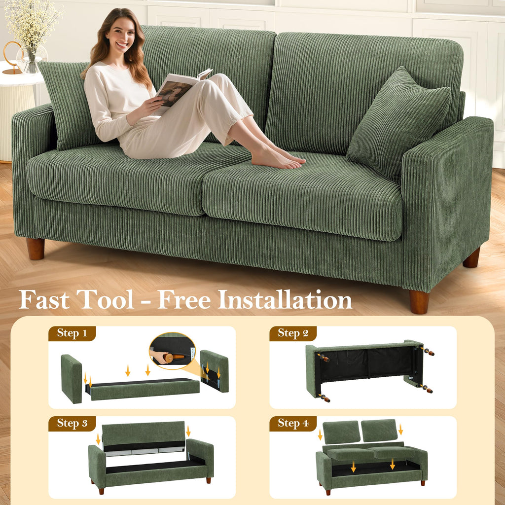 70in Corduroy Couch, Small Loveseat Sofa, Oliver Corduroy Couch