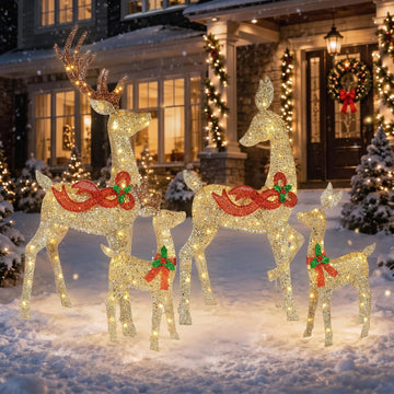 58" 4-Piece 3D Lighted Christmas Deer Family Outdoor Decorations, Large Gold Reindeer Set with 188 Warm White Lights