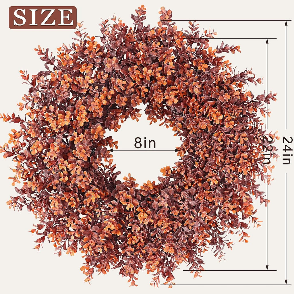 24" Artificial Fall Boxwood Wreath for Front Door Decoration (Deep Orange)
