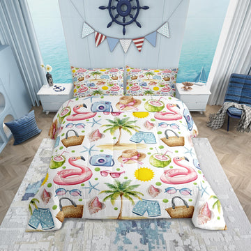 Hawaii Tropical Comforter Set, Summer Beach Palm Tree Coconut Starfish Coastal Bedding Set 3 Pcs for