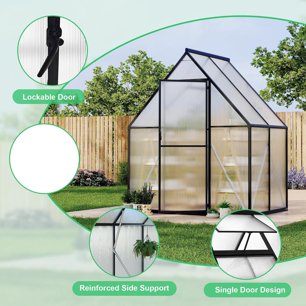 6X7 ft Aluminum Polycarbonate Greenhouse, Heavy Duty Greenhouses for Outdoors with Roof Vent, Lockable Door, Large