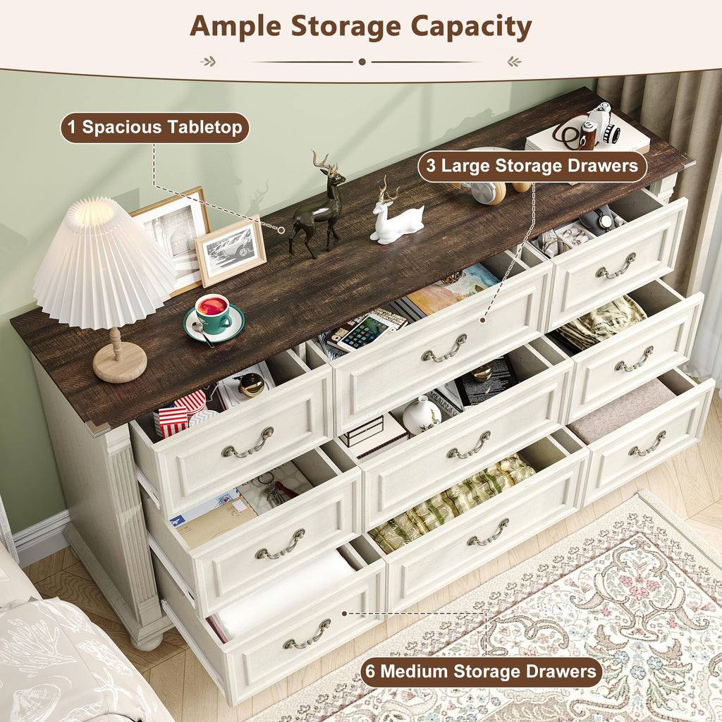 Farmhouse 9 Drawer Dresser with 6 Gourd Feet and Roman Column Decor, 63in Wide Wood Country Rustic Chest of Drawers