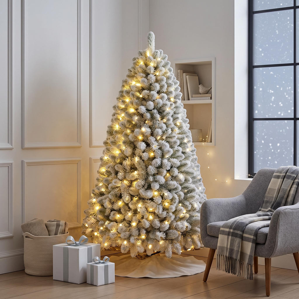 7.5ft Pre-Lit Snow Flocked Christmas Tree, Spruce Artificial Hinged Tree