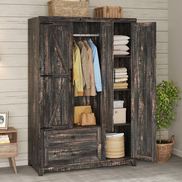 Farmhouse 3 Door Wardrobe Closet with 2 Drawers & Hanging Rod