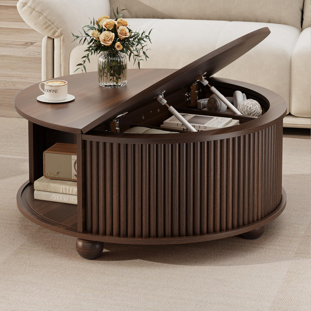 Fluted Round Coffee Tables, 31.5" Mid Century Modern Circle Drum Table with Storage, Accent Coffee Table with Sliding