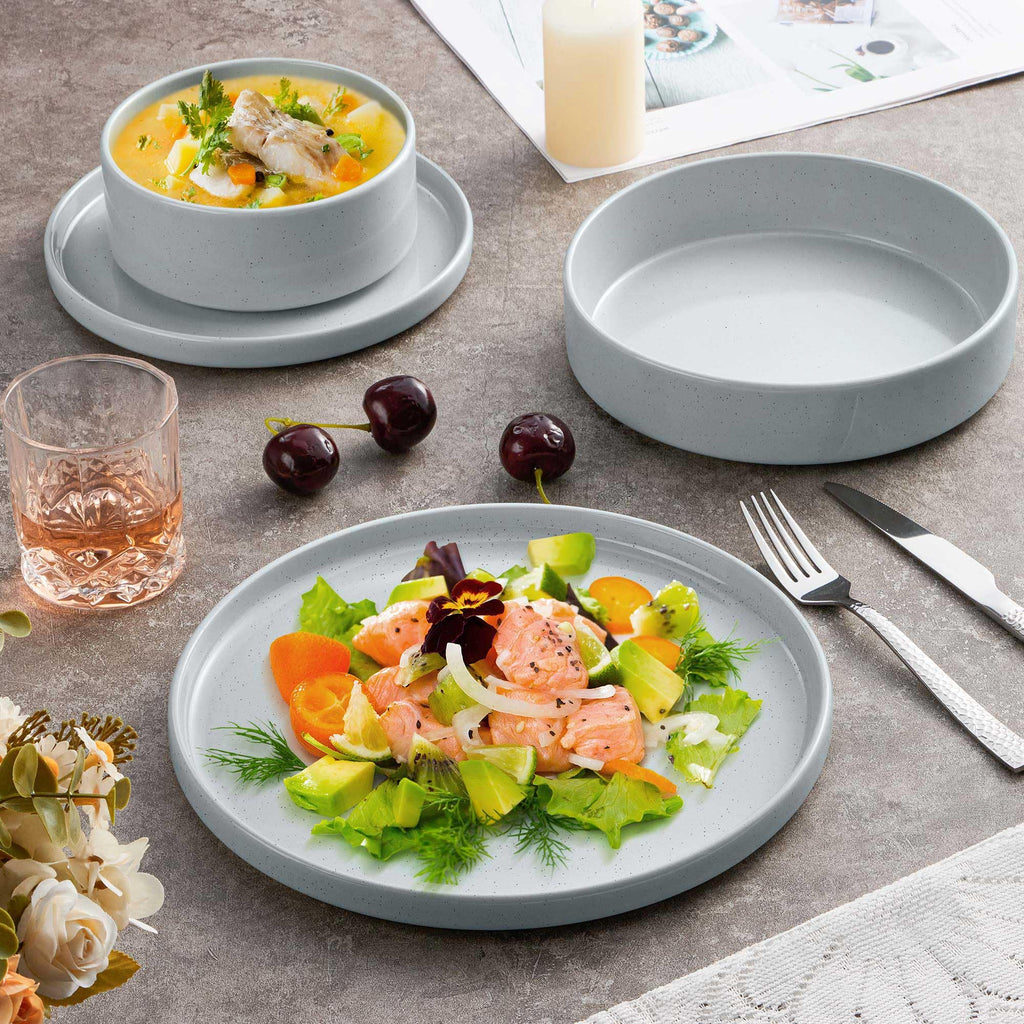 Stoneware Dinnerware Set with Salad Bowls, 24 Piece Kitchen Dinner Dish Set for 6, Plates and Cereal Pasta Bowls