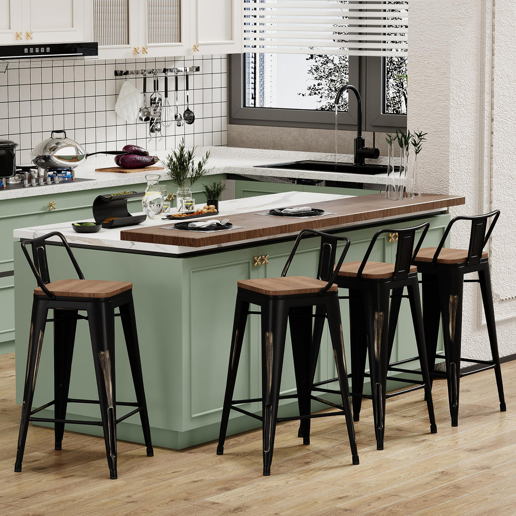 26"Barstools Set of 4 Counter Height Bar Stools Chair-Distressed Gold Black