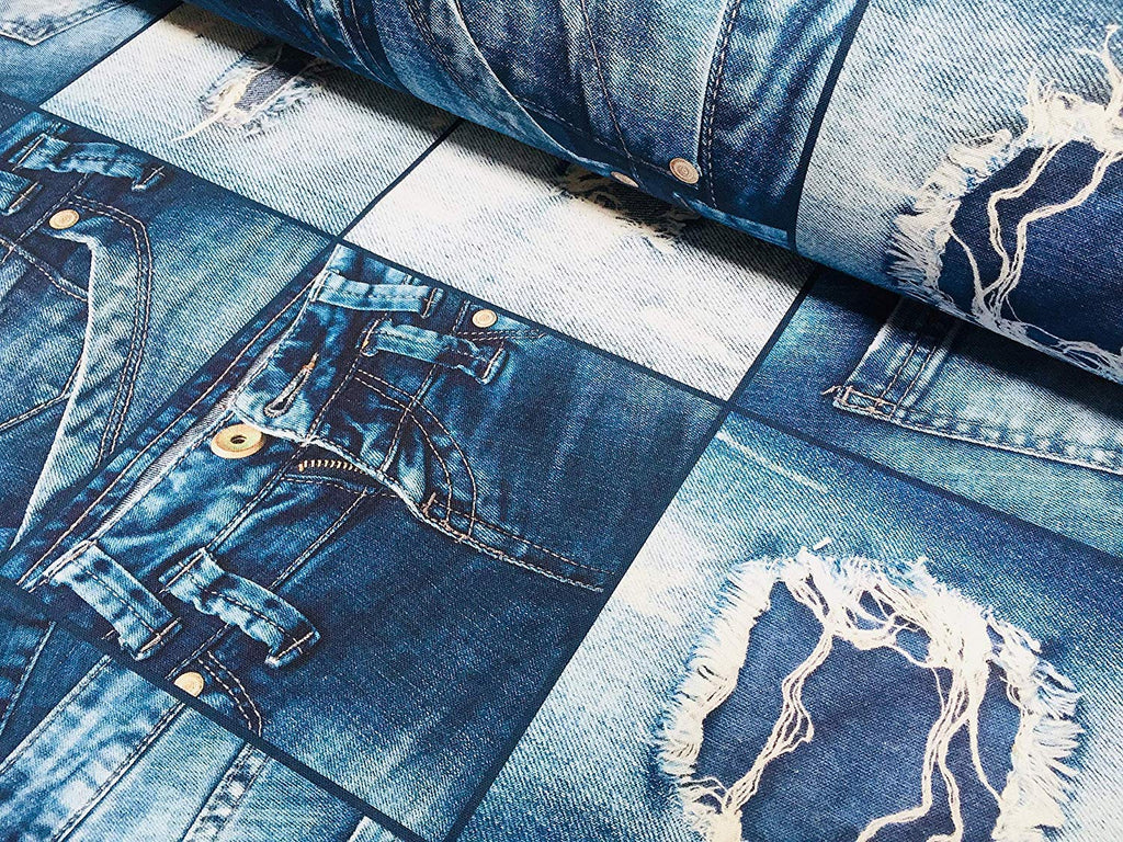 Denim Effect Fabric for Interior Decoration, Curtains - Blue Patchwork Cotton Material - Digital Print Canvas - 55''