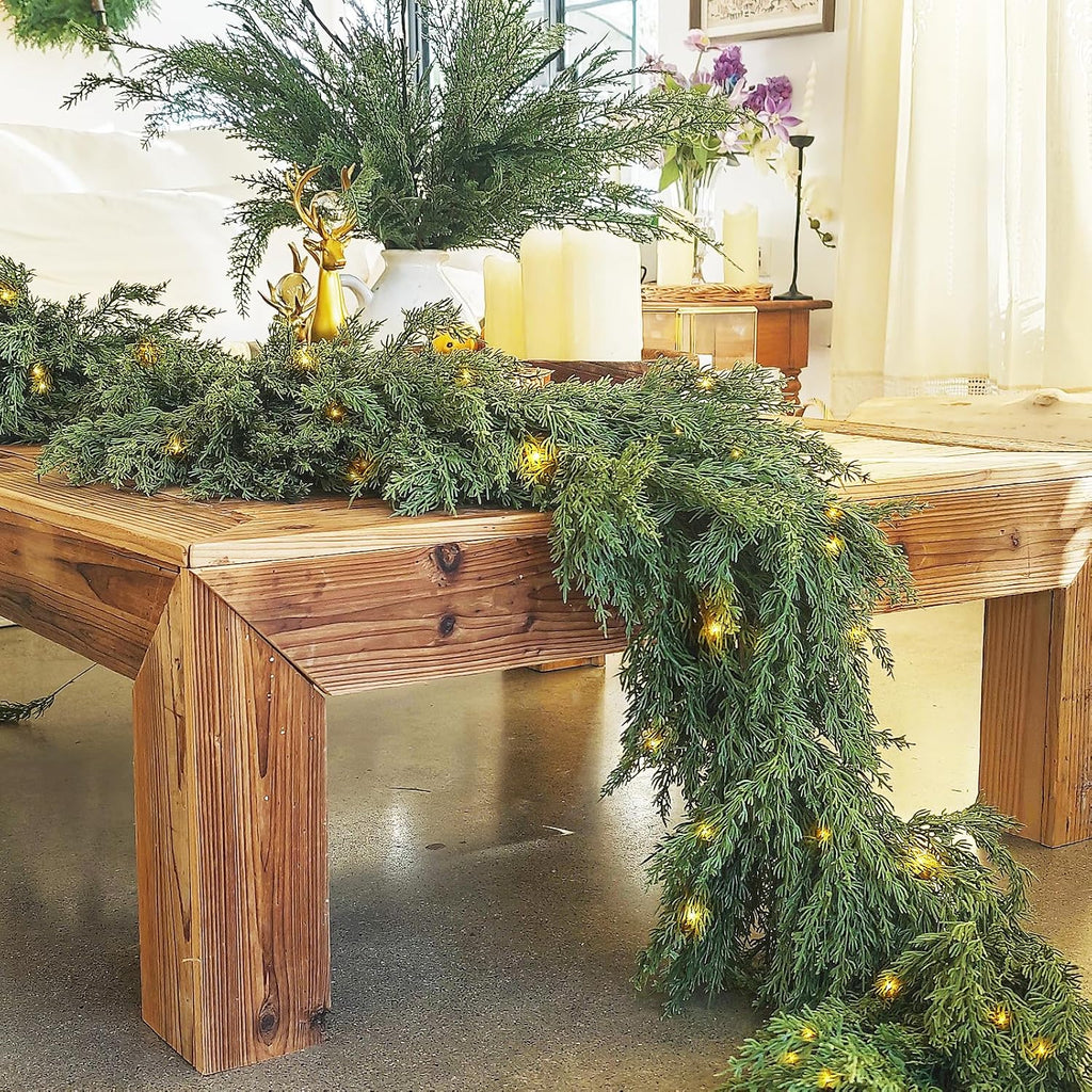Cedar Christmas Garland with Lights for Mantle - Decorations 9 ft Realistic Lighted Faux Pine Garlands for Xmas