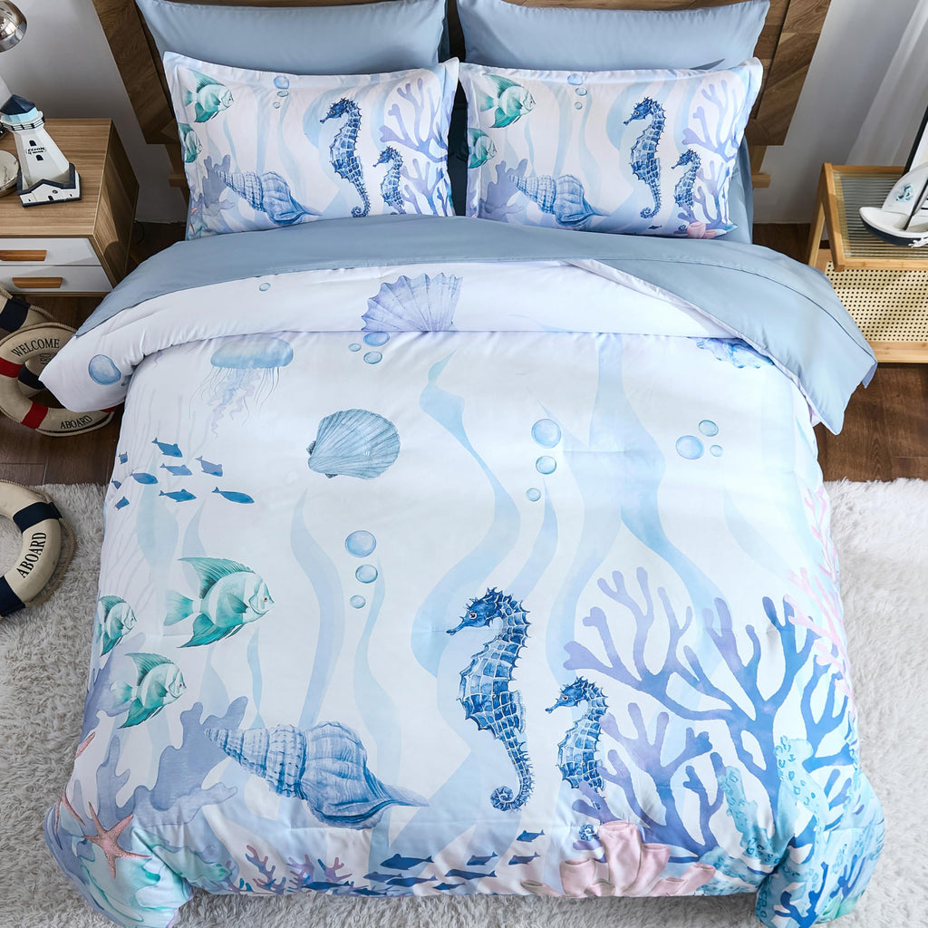 Comforter Set Coastal, Coral Beach Themed Comforters Diving Deep Ocean Bedding with Sheets 7 Pieces Bed in
