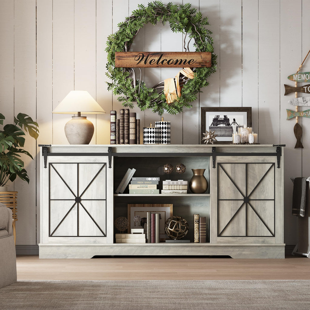 Farmhouse TV Stand for 65/60/55 Inch Tvs, Sliding Barn Doors, Grey