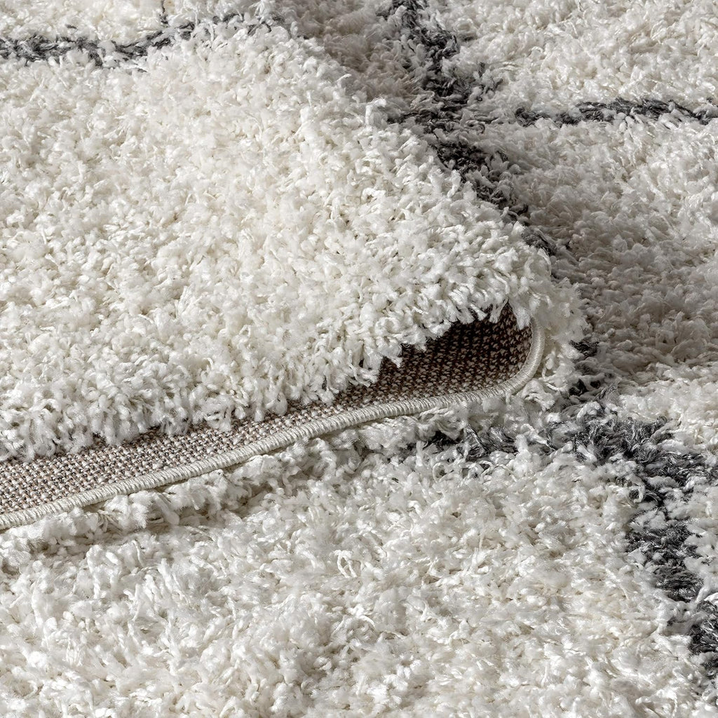 Mercer Shag Plush Tassel Cream/Gray Indoor Area Rug, Moroccan Geometric Trellis, Bohemian, Easy-Cleaning, Pet