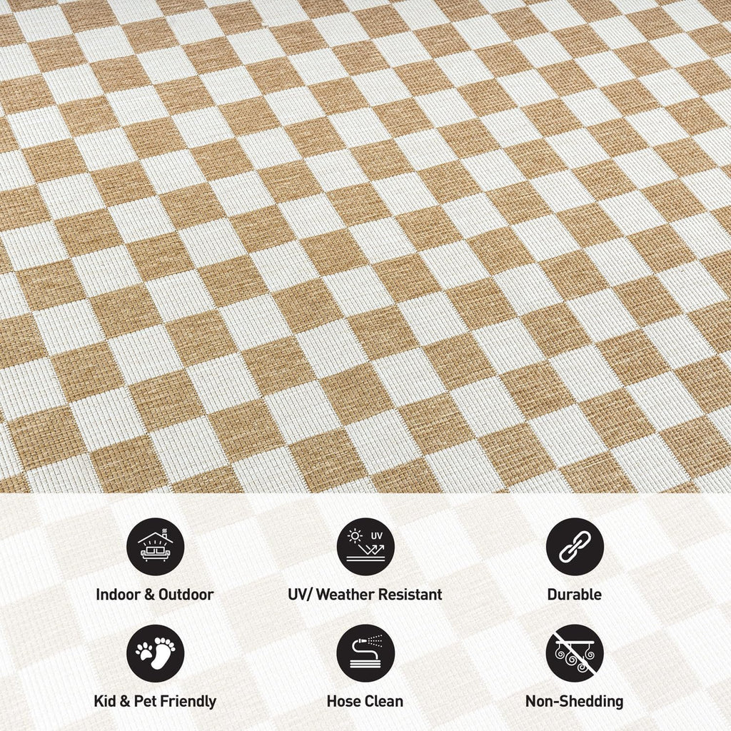 Indoor/Outdoor Checkered Weather Resistant Area Rug Natural
