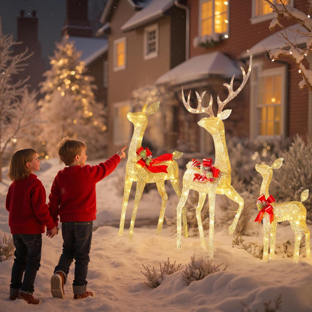 Outdoor Christmas Decorations for Yard, 3 Pcs Lighted Christmas Deer Family Set, 3 4 5FT Warm White LED Lights