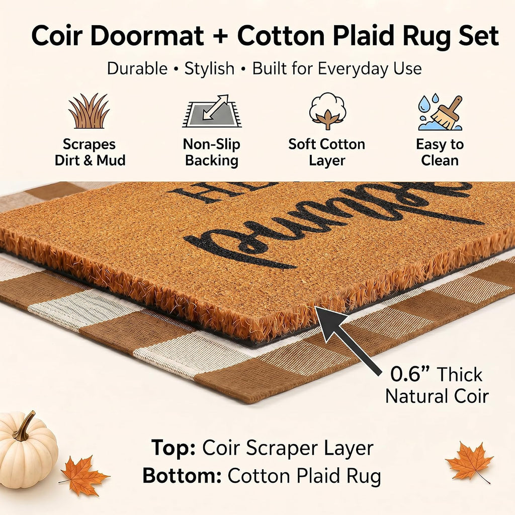 Fall Decor Door Mat Combo Set, 100% Coco Coir Welcome Mat + 28 x 43 Inches Coffee and White Plaid Rug - Fall