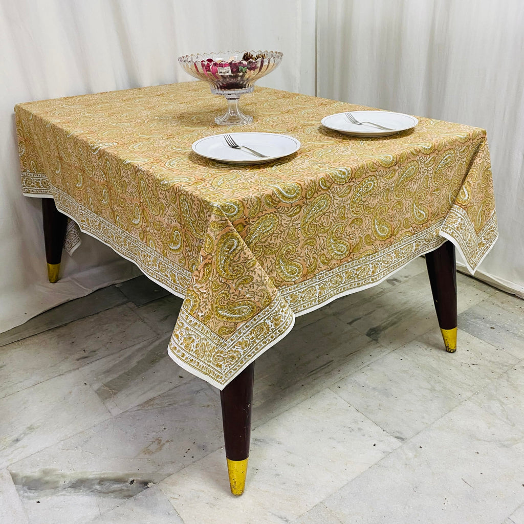 Romantic Reverie Hand Block Print Rectangle Tablecloth 190x72 Inch