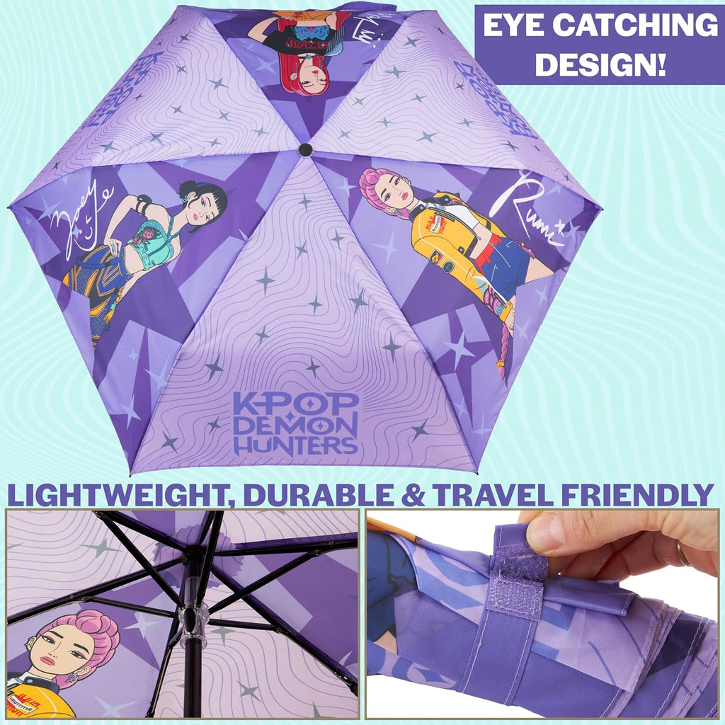 KPop Demon Hunters Windproof Travel Umbrella, Huntrix Strong Folding Compact Umbrellas for Rain, Light Portable Kids