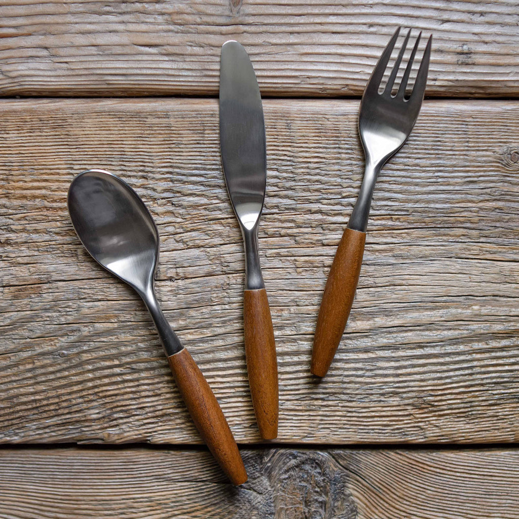 Flatware Silverware Cutlery Set, Stainless Steel, Teak Wood Dining Utensils, Eating Dinnerware Dansk