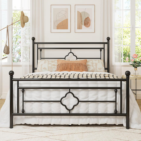 Queen Metal Platform Bed Frame with Victorian Vintage Headboard and Footboard/Mattress Foundation/Under Bed Storage/No