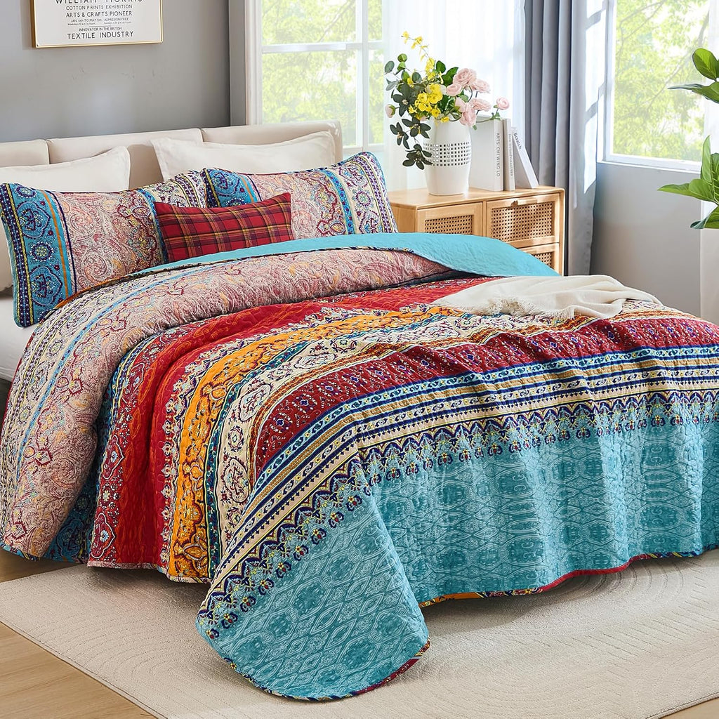 Bohemian Quilt Set Queen, Boho Striped Pattern Quilts Bedspread Set for All Season, Soft Microfiber Bedding Coverlet