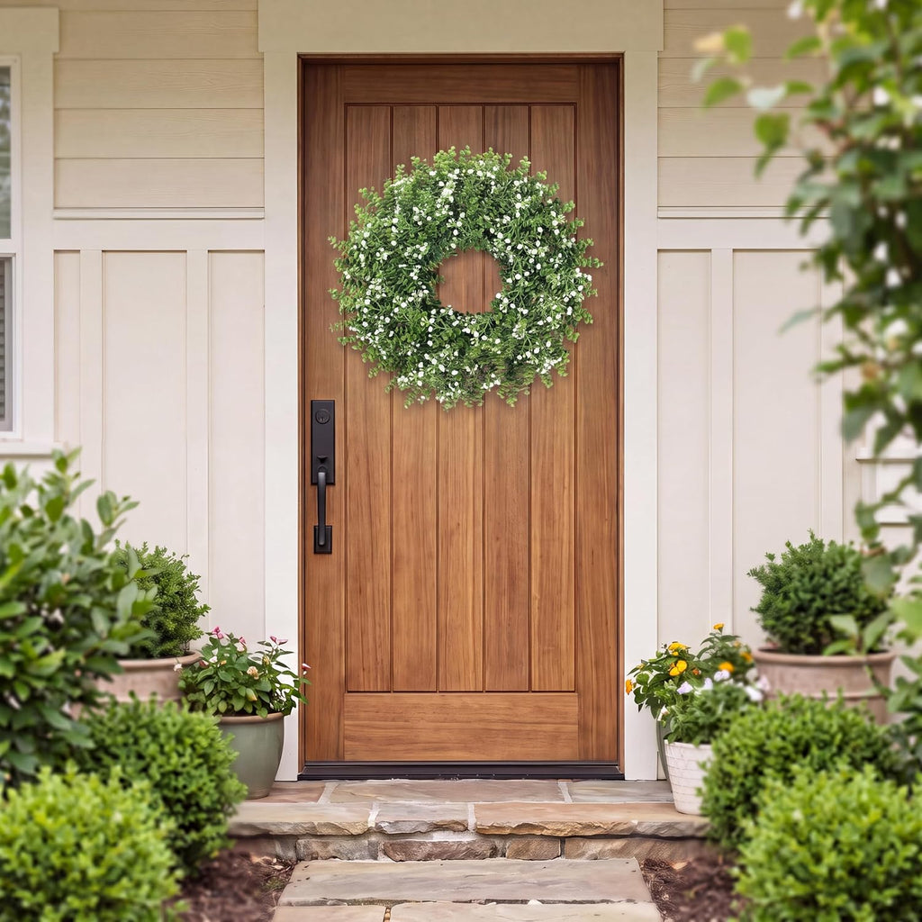 24'' Large Boxwood Wreath for Front Door Artificial Spring Summer Wreath with Baby's Breath Greenery Wreaths