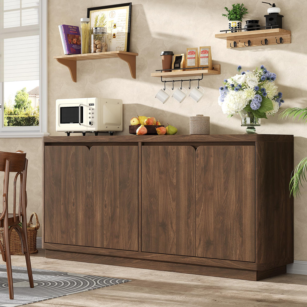 63" Buffet Cabinet with Storage & Power Outlet, Wood Sideboard Credenza with Double-Arc Doors, Modern Coffee Bar