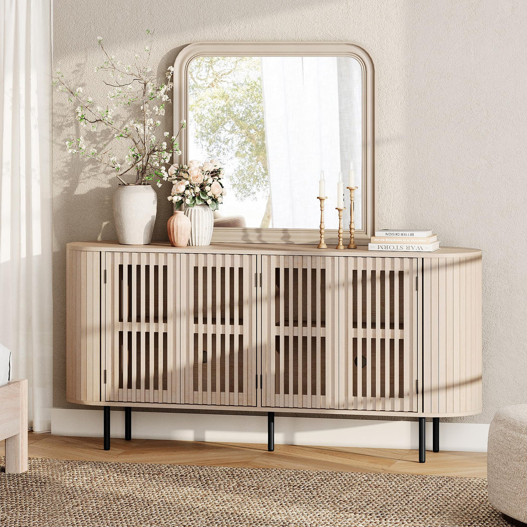 Fluted Sideboard Buffet Cabinet, 65" Mid Century Modern Credenza Storage Cabinet with 4 Pop-Up Doors, Wood Accent