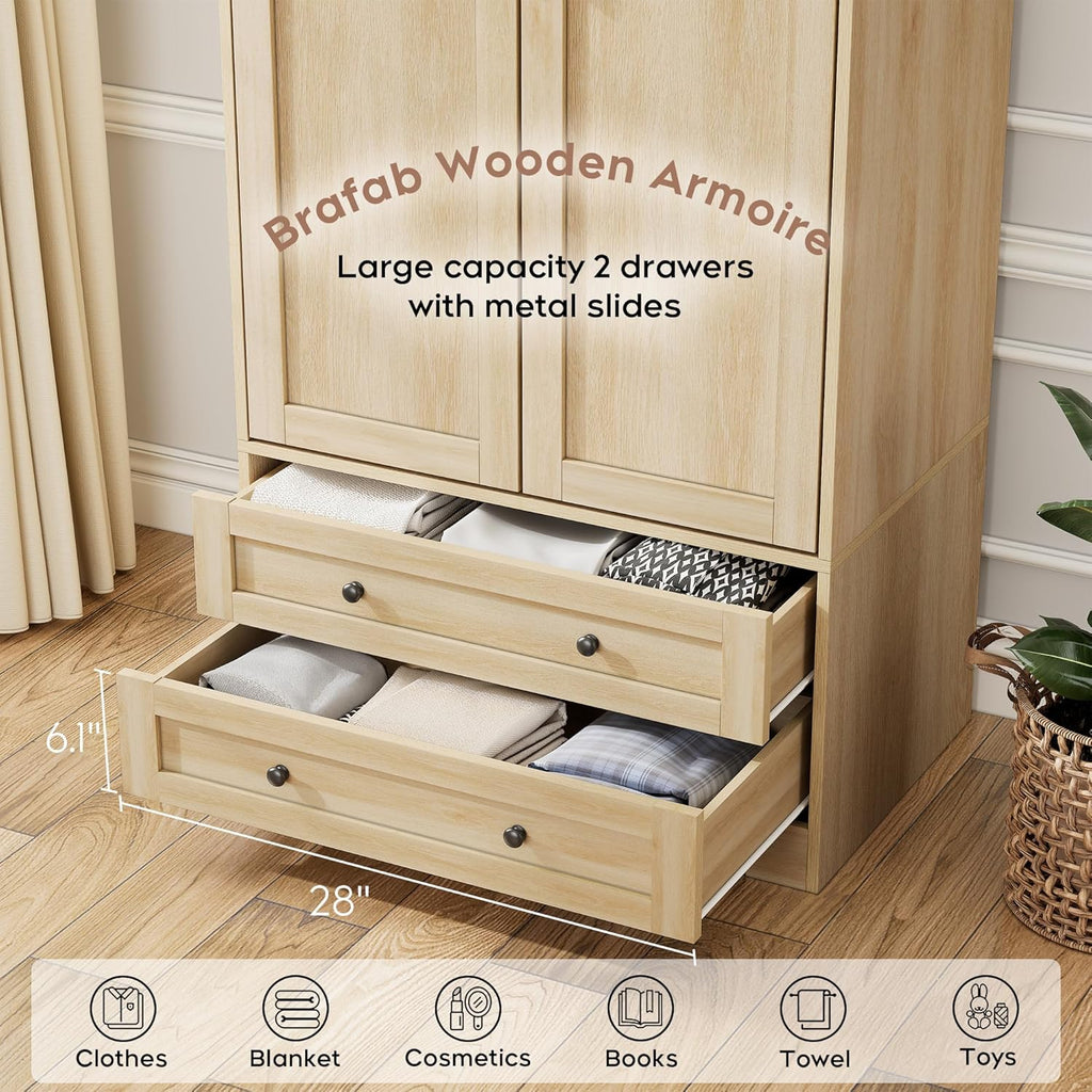 2 Doors Wooden Armoire Wardrobe Closet with 2 Drawers, Natural | 2 Modern Doors, Freestanding, with Drawers and