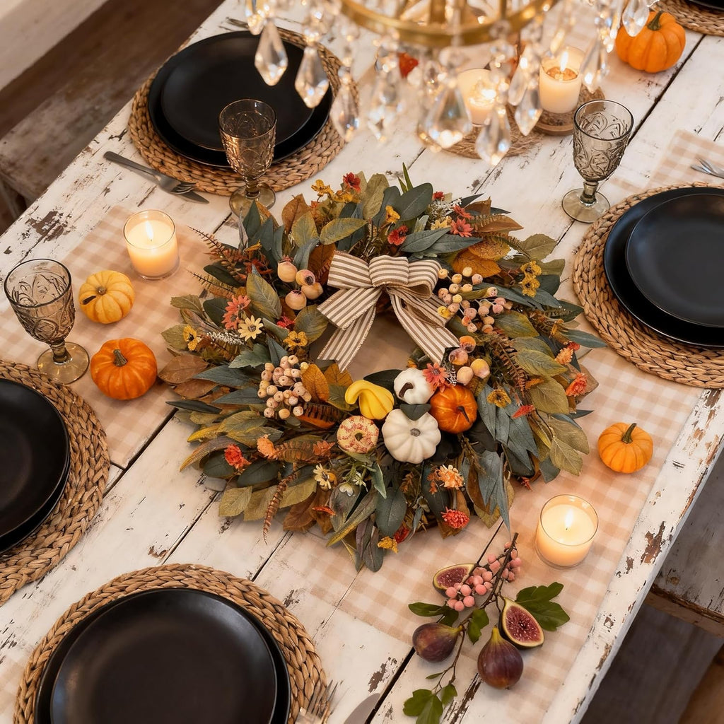 24 Inch Fall Wreath for Front Door,Pumpkin Wreath Farmhouse Decor