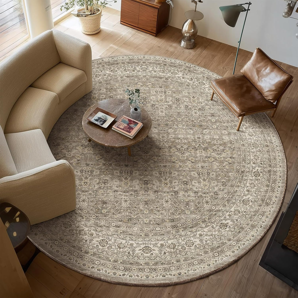 6ft Washable Round Rugs for Bedroom: Circle Living Room Rug Vintage Non Slip Low Pile Soft Faux Wool