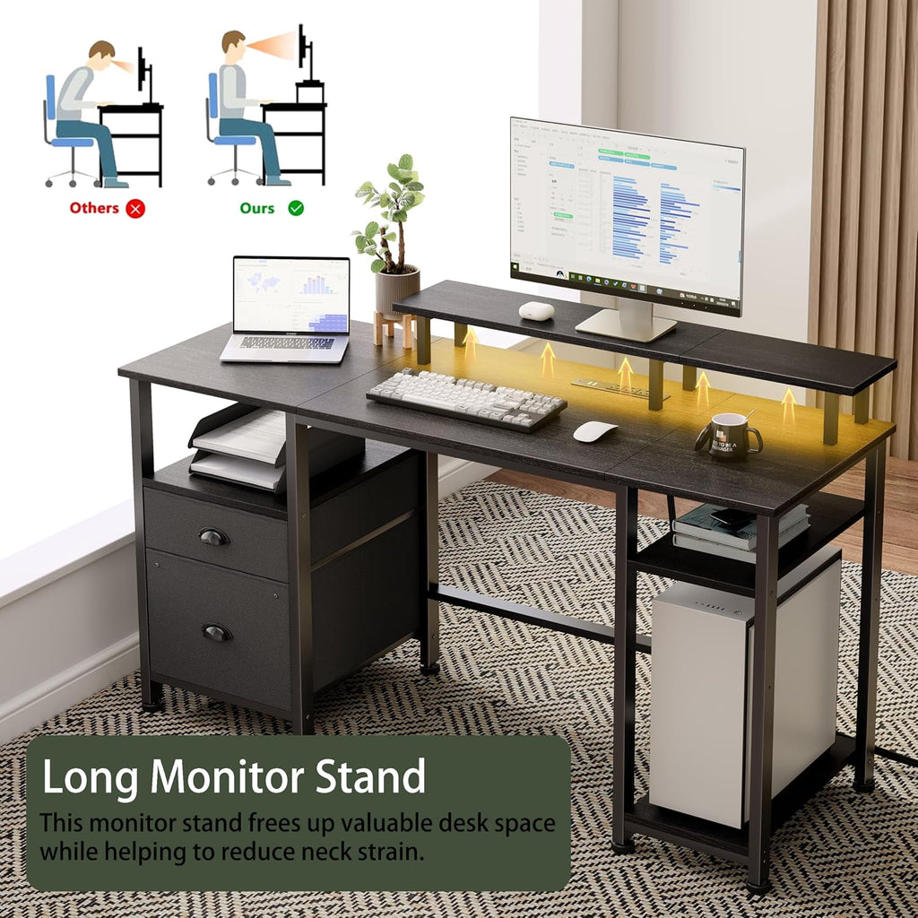 51" Gaming Desk with Power Outlets & LED Lights, Reversible Computer Desk with File Cabinet & Monitor Stand , Large