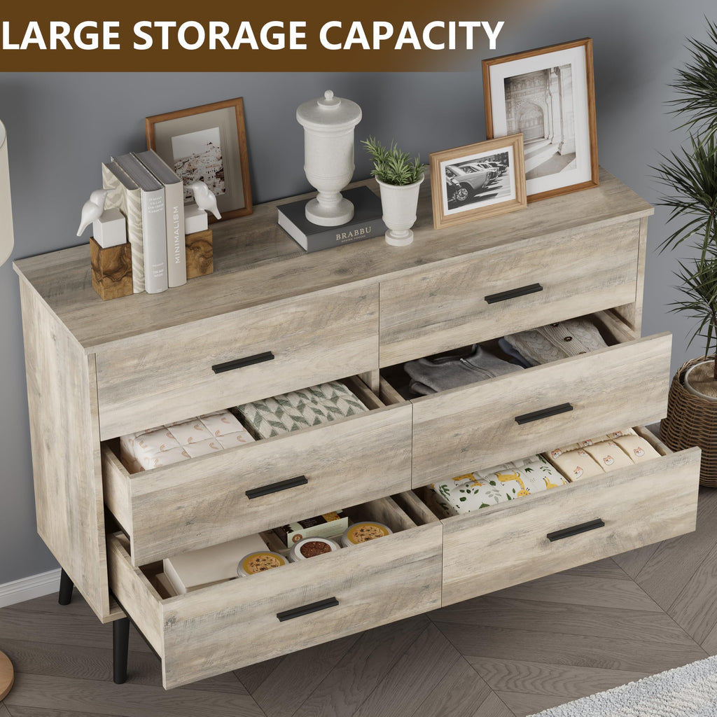 Grey Dresser, Dressers & Chests of Drawers for Clothes Storage, Wood Dresser for Closet with 6 Drawers, Wide Long