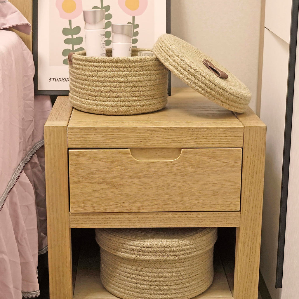 Set of 2 Round Jute Rope Storage Baskets with Lids -Leather Handles- Decorative Woven Organizer Bin, Small Basket