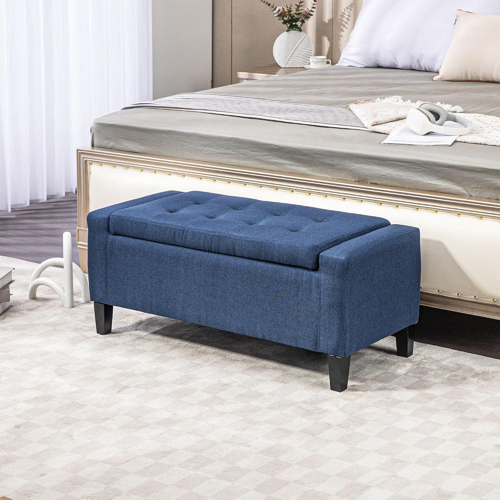 36" Ottoman with Storage, Lift Top Rubberwood Legs 330 lb Dark Blue | Storage Ottoman Bench, Linen Upholstered