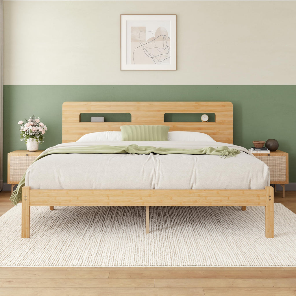 Solid Bamboo Wood King Size Bed Frame with Storage Headboard, 14 inch Platform King Bed Frame No Box Spring Needed