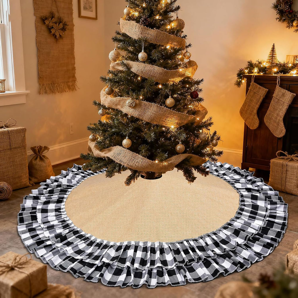 Burlap Halloween Tree Skirt, 48'' Buffalo Plaid Black and White Decorations