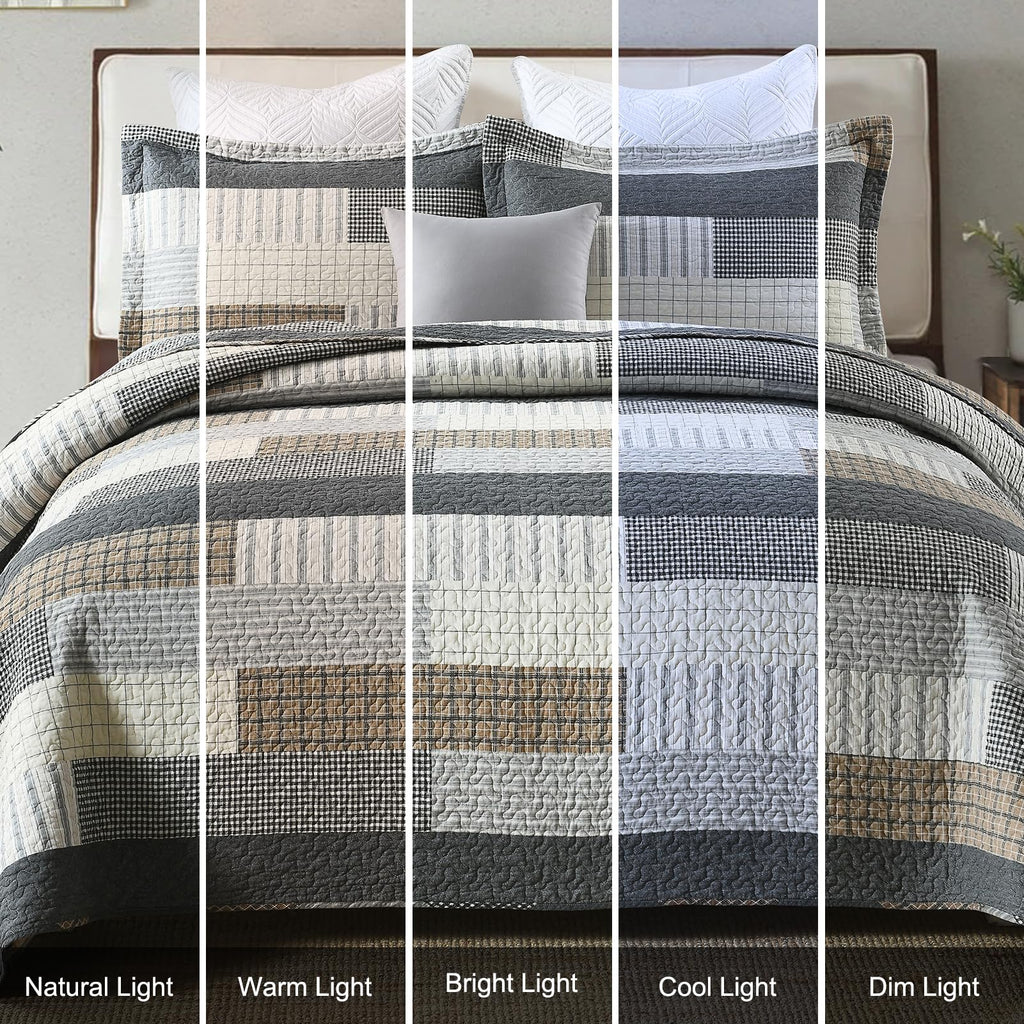 Gray Plaid Quilt Set - 100% Cotton Striped Plaid Patchwork Bedspread Coverlet Set, Lighweight Cozy Cottage