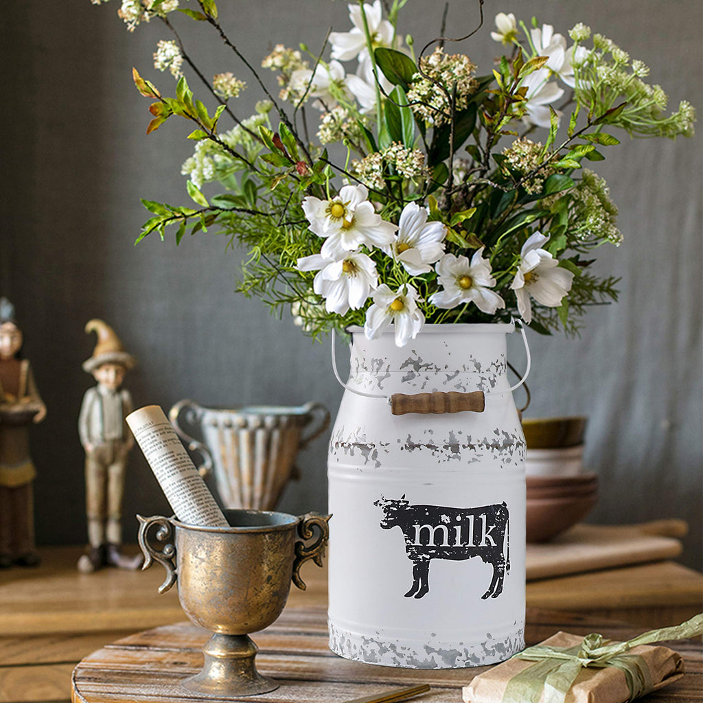 Metal Big Cow Galvanized Milk Can with Wooden Handle, Rustic White Farmhouse Vase Planter, Primitive Decorative