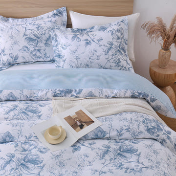 Blue Floral 100% Cotton Duvet Cover, Farmhouse Comforter Cover
