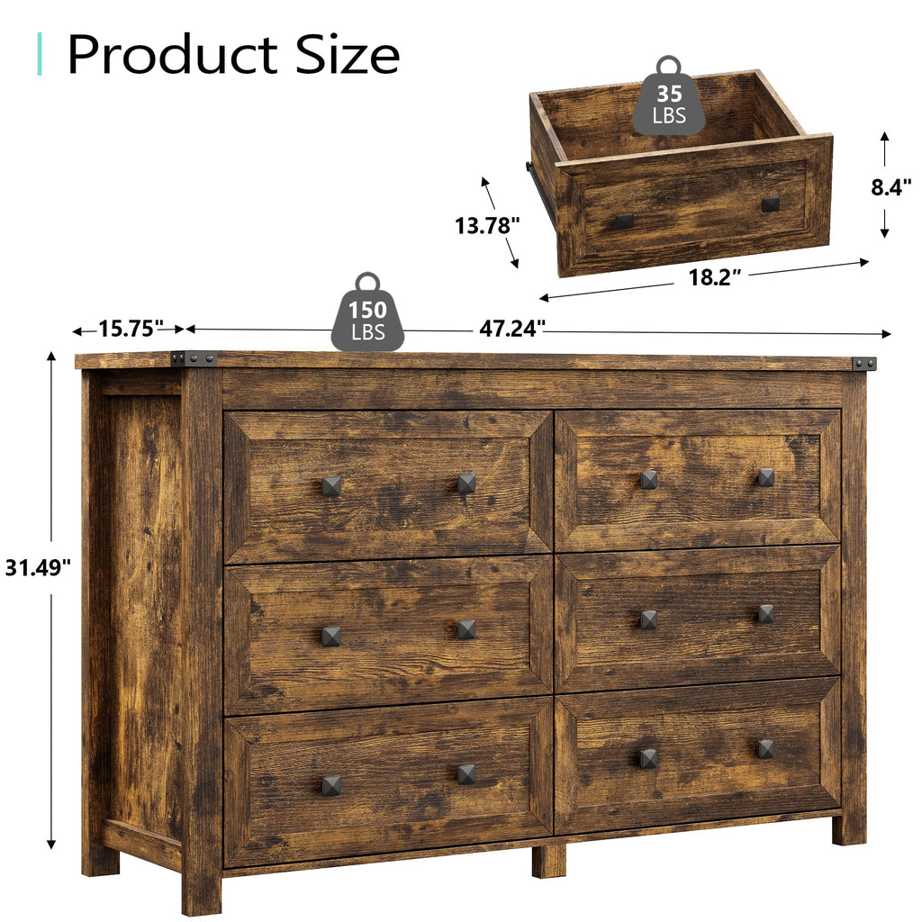 47.2" Wide 6-Drawer Farmhouse Dresser, Brown