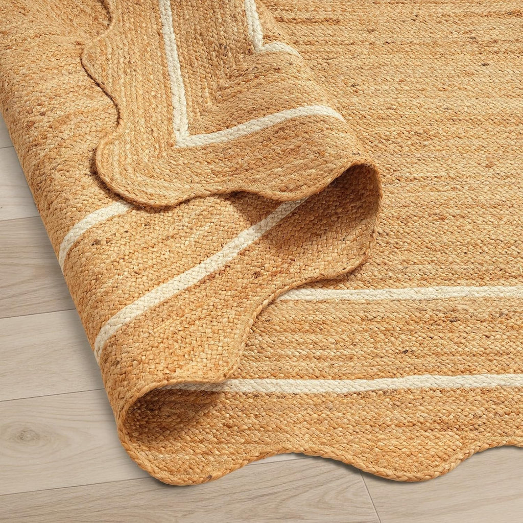 Jute Area Rug 9'x12' ft Wave Scalloped Natural Ivory Border Handwoven Boho Reversible Rustic Vintage Farmhouse Soft