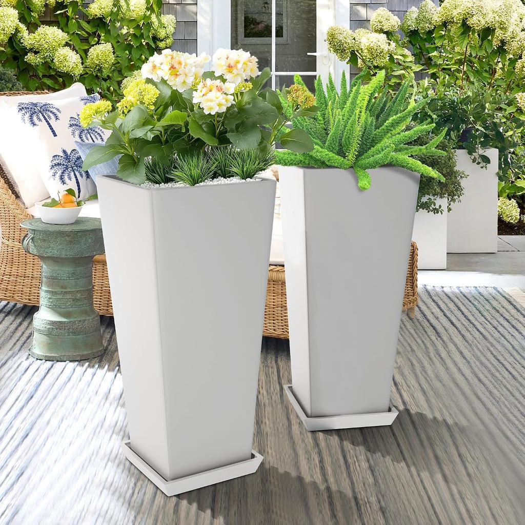 Set of 2 Tall Planters, 24" Large Indoor Outdoor Flower Pots with Tray, Modern Tapered Planters for Porch, Patio