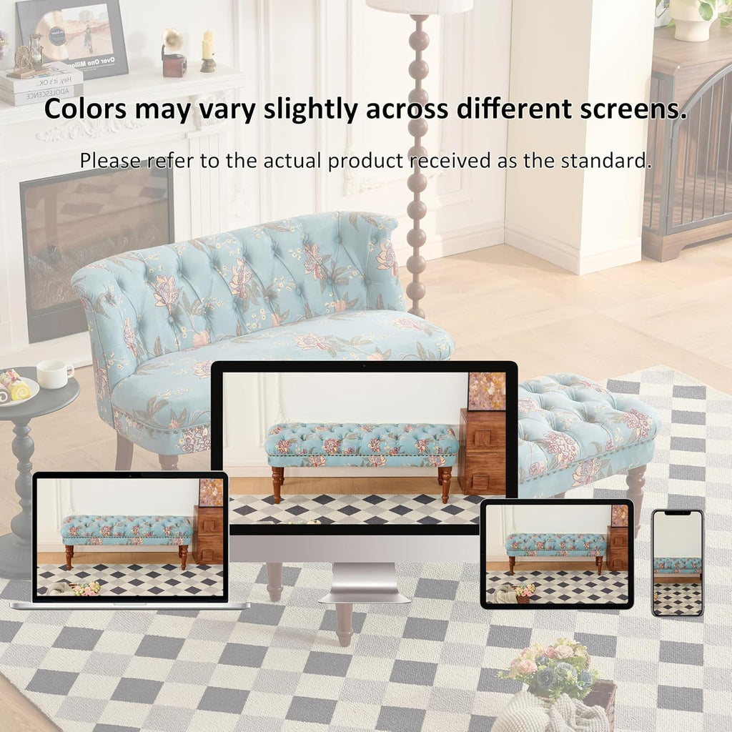 47" Tufted Floral Upholstered Entry Bench, Backless Padded Ottoman Benches with Turned Solid Wood Legs, Modern Indoor